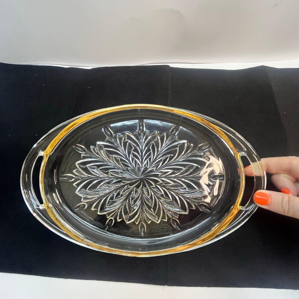 Vintage Jeannette glass feather gold rim tray 10.25x6.25 inches mcm‎ elegant